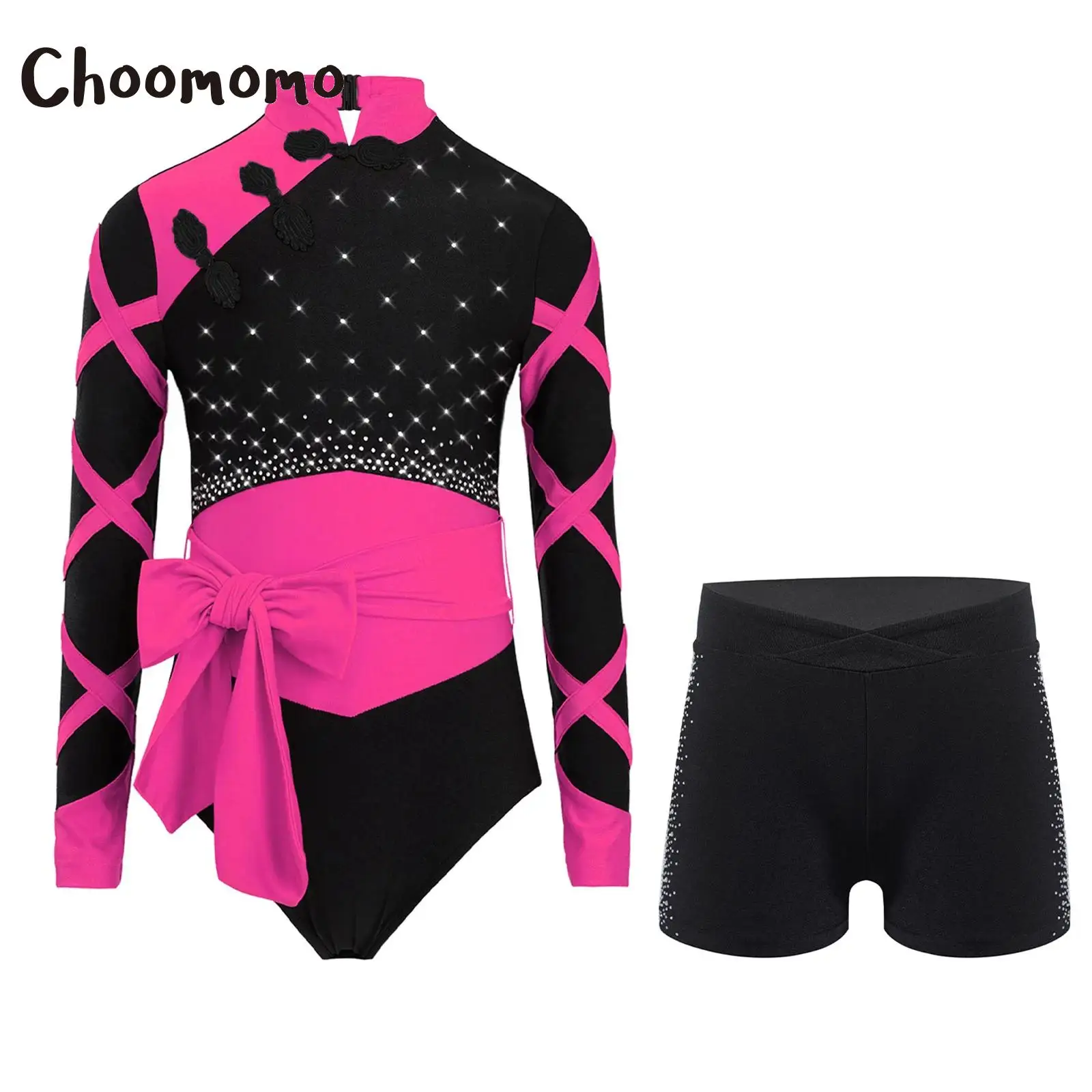 

Kids Girls Ballet Gymnastics Sets Sports Outfit Chinese Style Knot Leotard with Belt and Shorts Sparkling Rhinestones Bodysuit