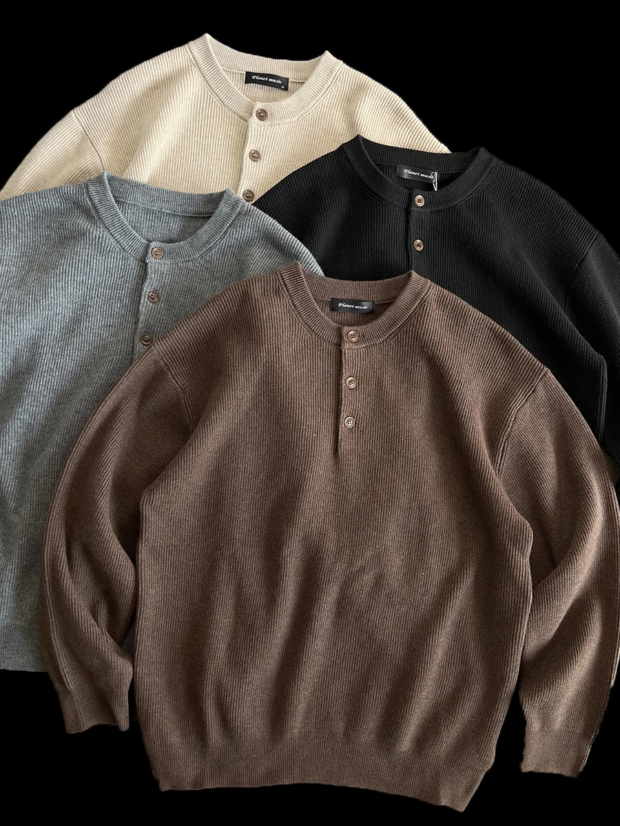 

Высококачественный американский ретро-свитер с воротником хенли, свободный крой, для повседневной носки, для многослойных образов, для прогулок, в повседневном стиле