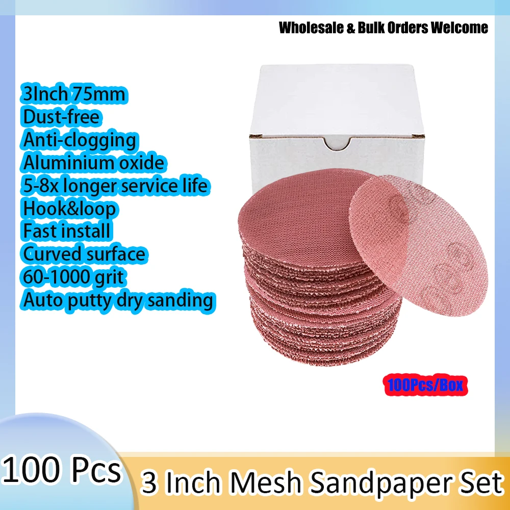 100Pcs 3 Inch 75mm Mesh Dust Free Sanding Discs Hook&Loop Sandpaper 60-1000 Grit Dry Sanding Pad for Car Auto Putty Sanding