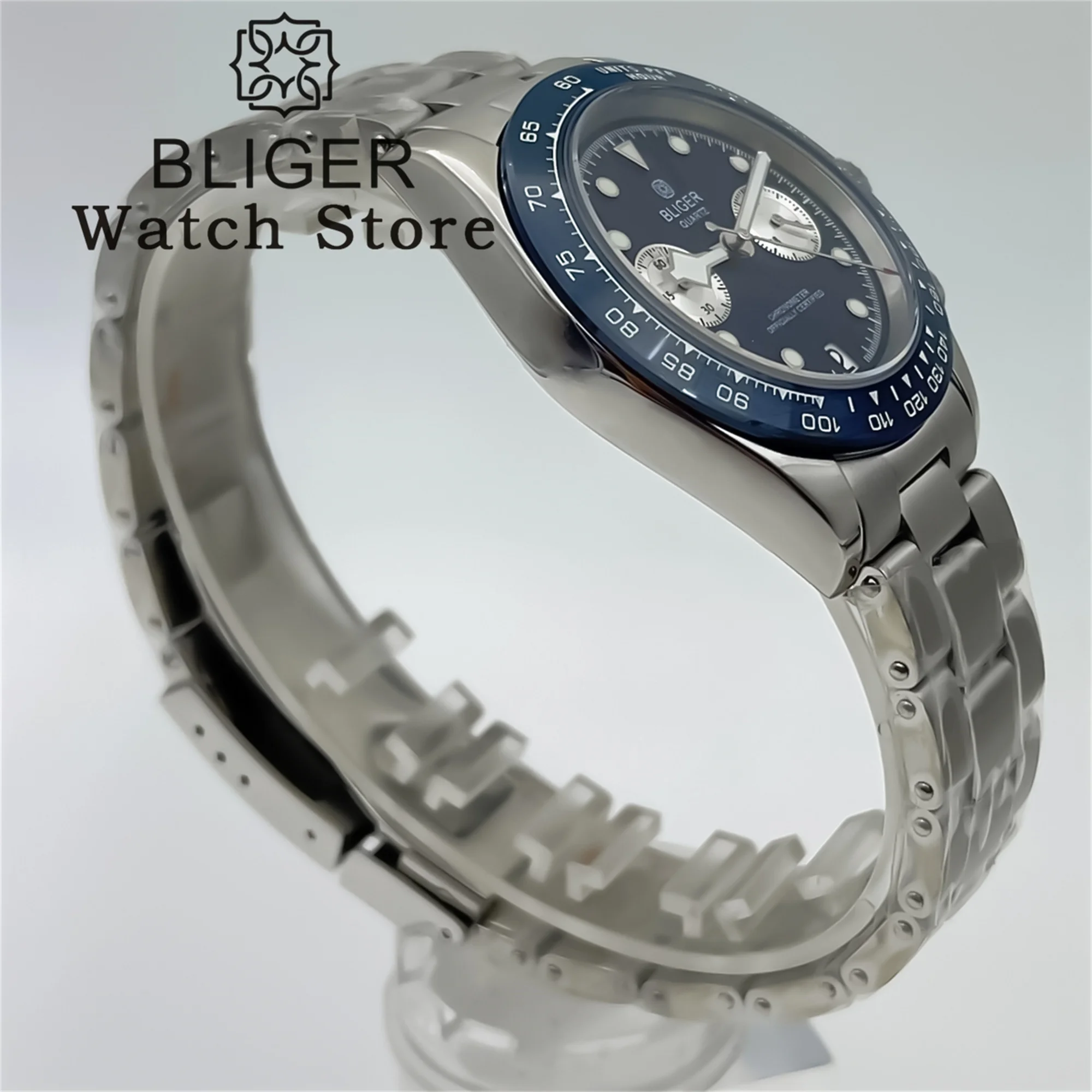 BLIGER 39mm VK64 Quartz Chronograph Multifunction Watch For Men 5 Hands Silver Navy dial Bezel Sapphire Glass Stainless Bracelet