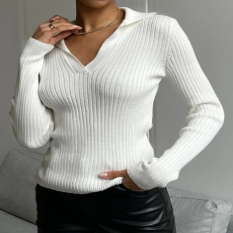 2024 Women's Jumper Long Sleeve Top Knit Pullovers Polo Neck Spring Summer Solid White Blue Orange Slim Fashion Women Sweaters