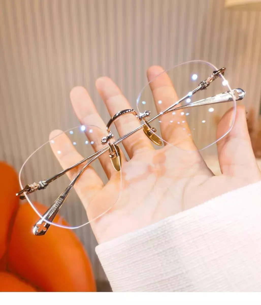 0~ +4,0 Rahmenlose Anti-Blaulicht-Lesebrille Neutrale ultraleichte Presbyopie Großer Rahmen zeigt Jugendliche Metallrahmen – Detail 4