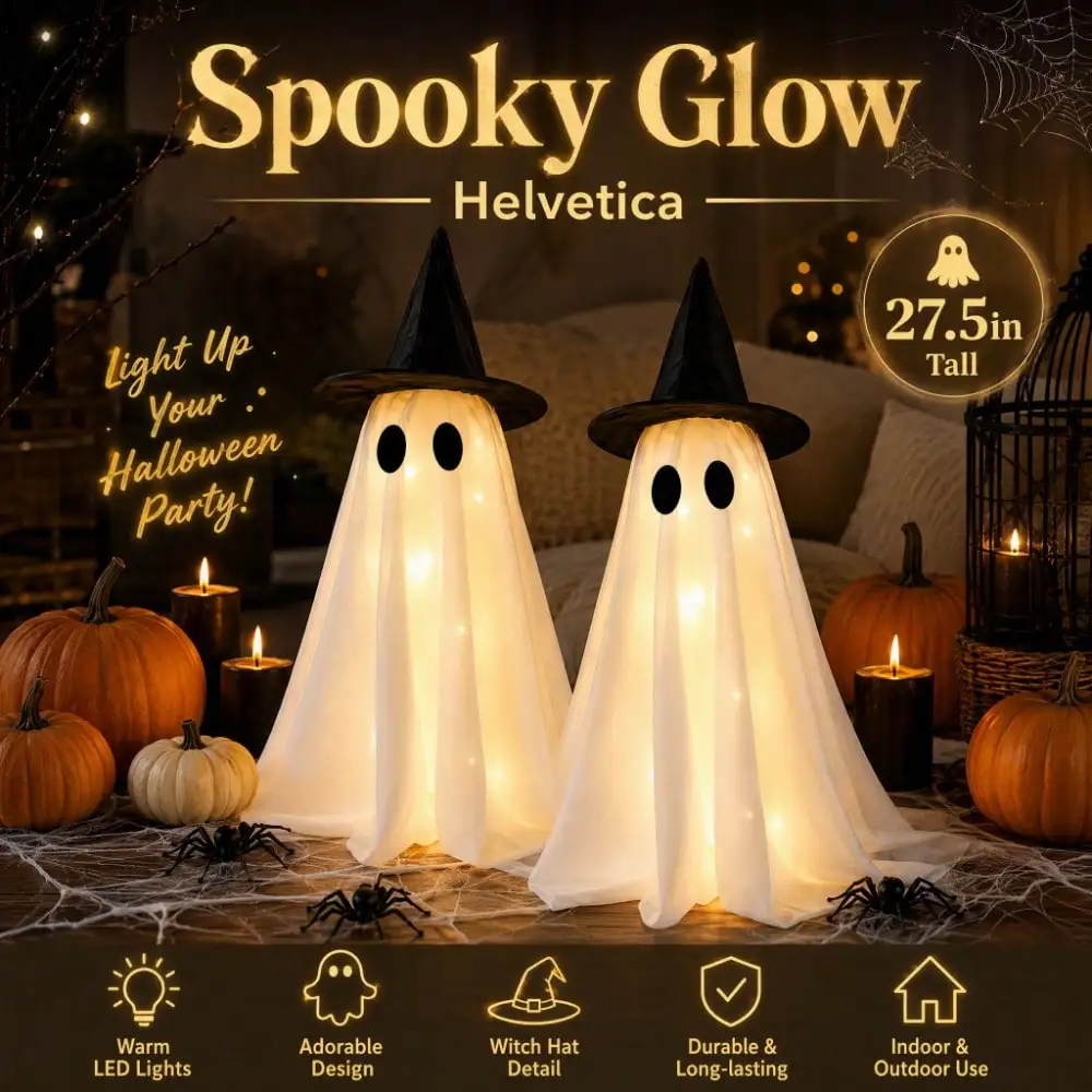 LED Light‑Up Witch Hat Ghost 2Pcs, Spooky Halloween Figurine, Table Centerpiece for Mantel Dining Table Party Decor view 5