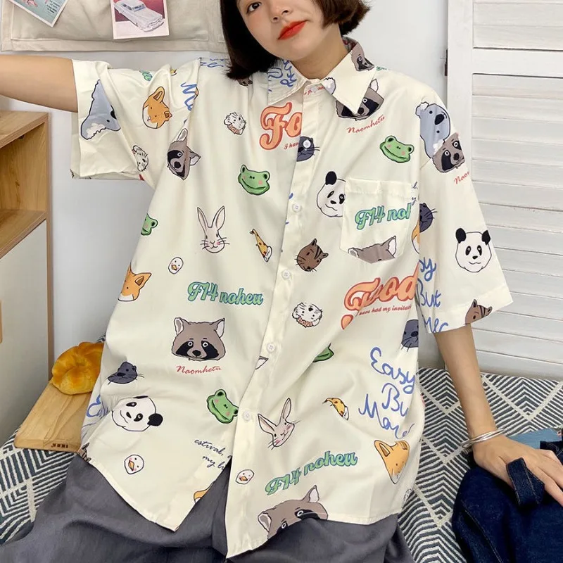 

XEJ Cartoon Printed Shirt Women's Summer Blouse Short Sleeve Animal Panda Print Shirts for Women 2023 Korean Clothing