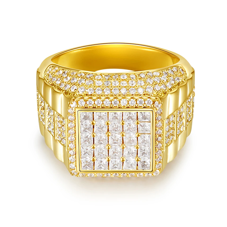 

VANAXIN Full Bling Iced Out Square Ring for Men Trendy Hip Hop Rock Party 14k Gold Plated Cubic Micro Paved CZ Jewelry