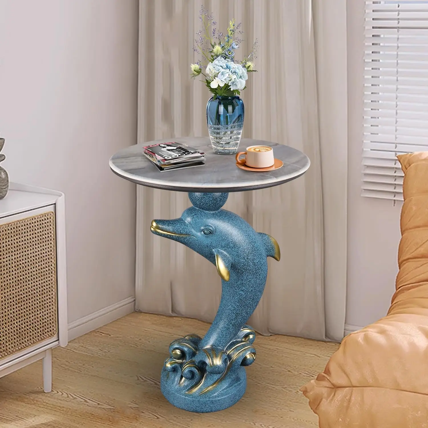 Modern End Table Living Room - Dolphin Statue Base Small Round Cocktail Terrace Coffee Side Table Unique Decoration For Office