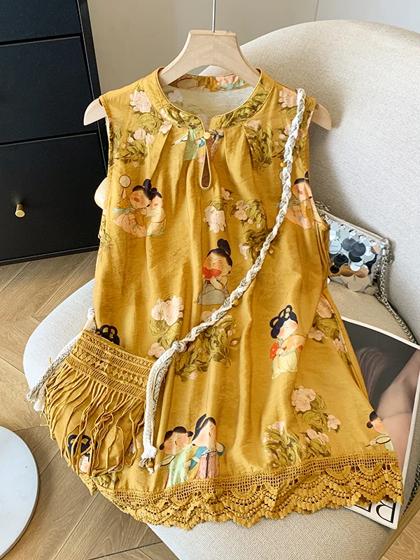 

Новая женская летняя повседневная майка свободного кроя с цветочным принтом в китайском стиле, утягивающая фигуру, стандартной длины, без рукавов