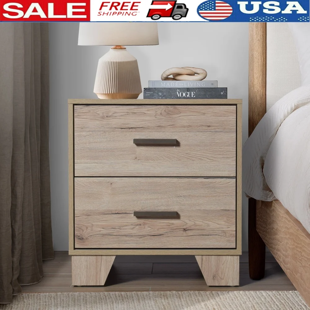 

Classic Nightstand with 2 Drawers Solid Engineered Wood Light Oak Finish Easy Assembly Sturdy Tapered Legs Bedroom Furniture