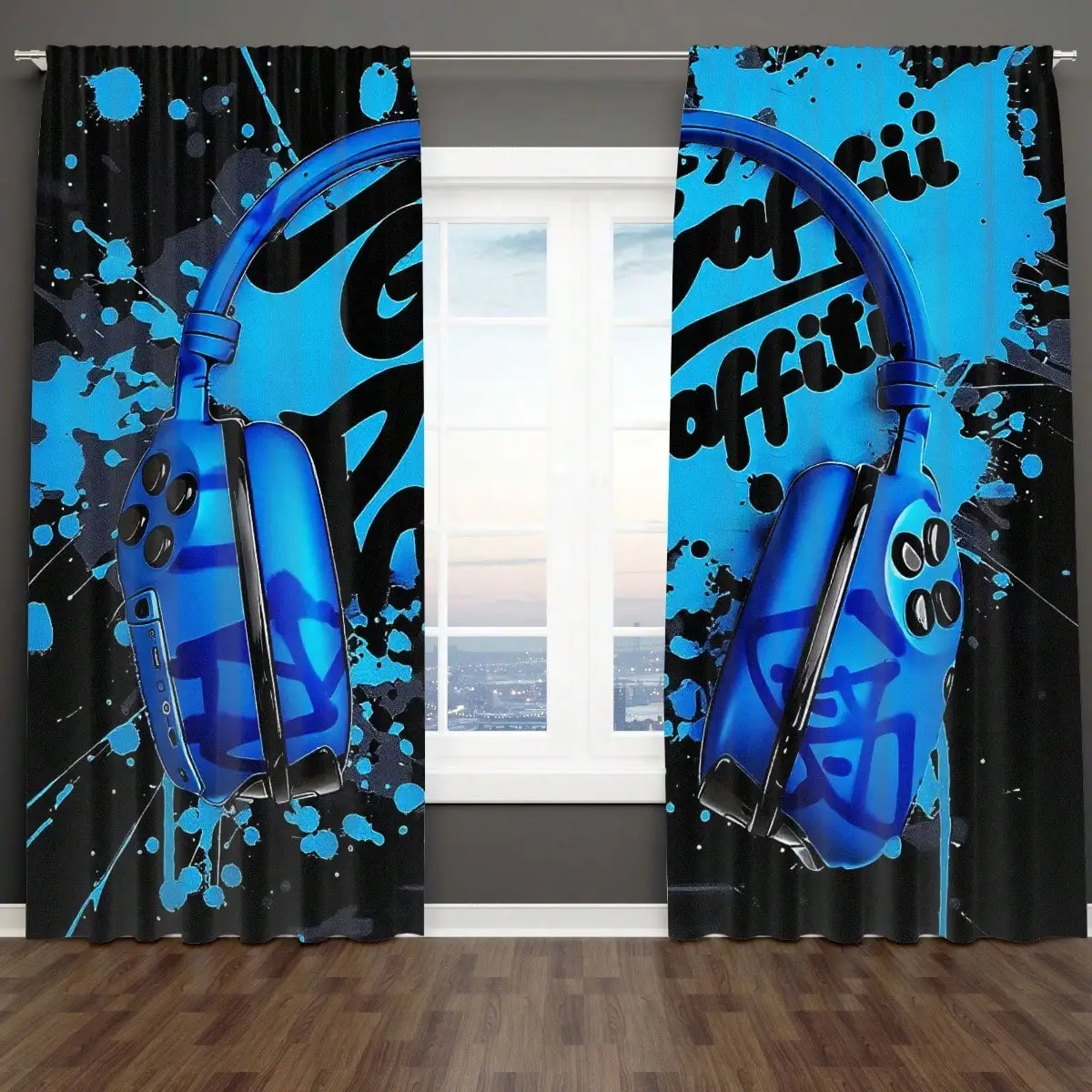 2pcs Curtain 2D Flat Blue And Black Graffiti Headphones With Black Graffiti Lettering Taffil Graffiti Dynamic Urban  Street Art
