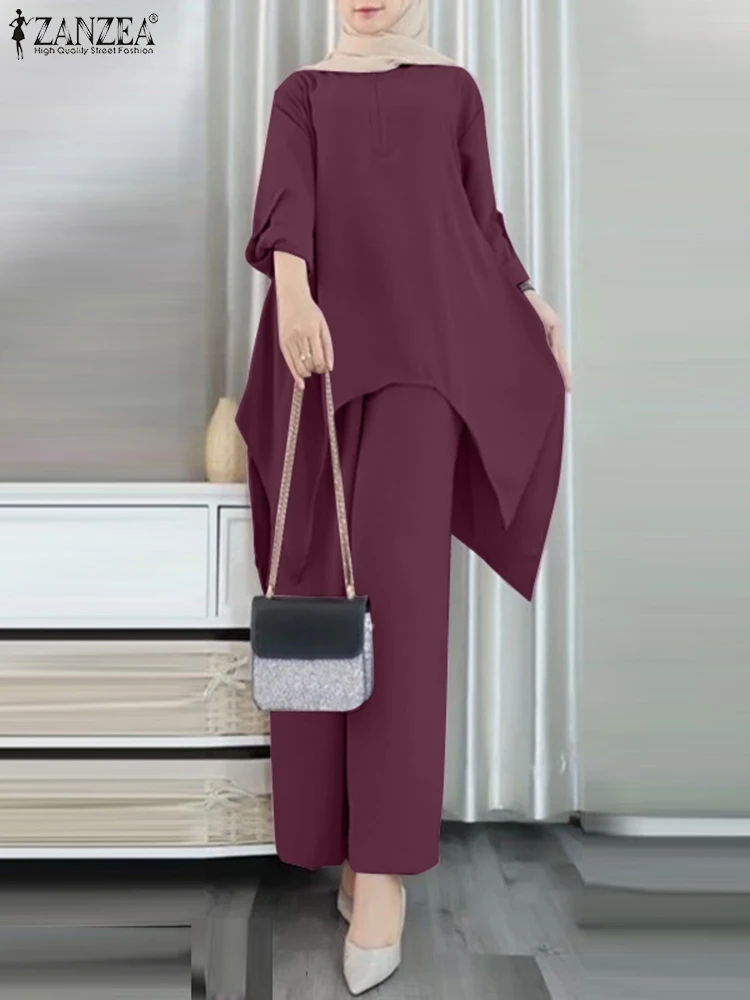 

Eid Mubarek Outifits ZANZEA Women Elegant Long Sleeve Blouse Wide Leg Pants Sets Spring Muslim Trousers Suits Casual Tracksuit