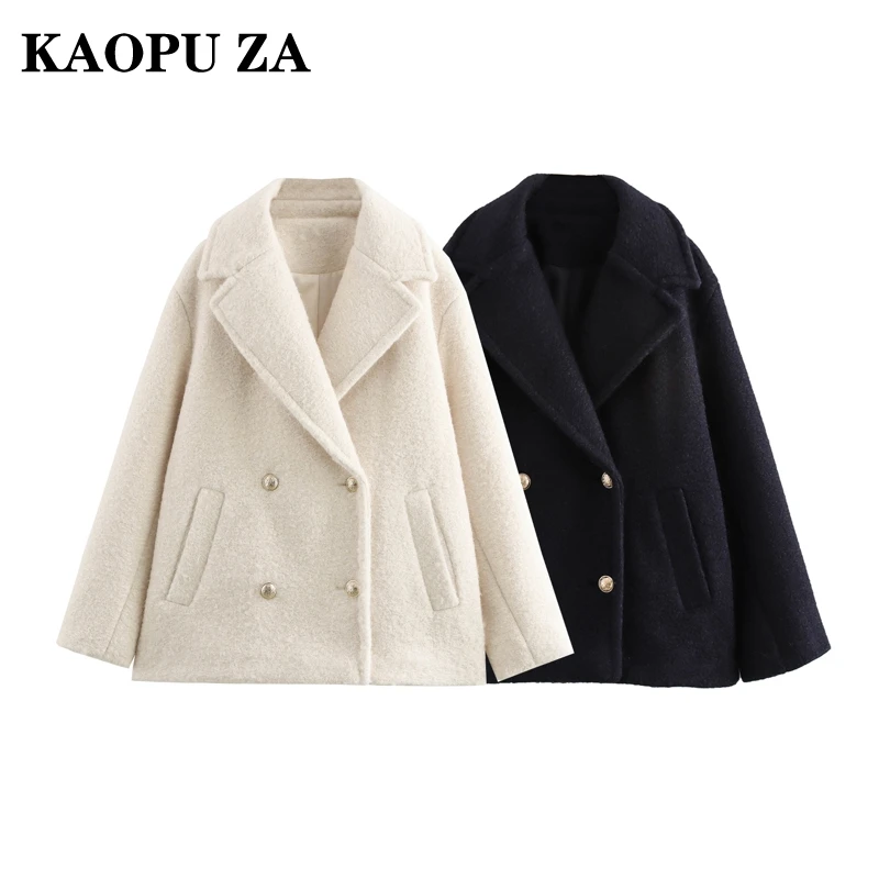 KAOPU ZA 2024 Autunno/Inverno Donna Casual Colletto dentellato Giacca a maniche lunghe Cappotto Moda femminile Tinta unita Doppiopetto Top