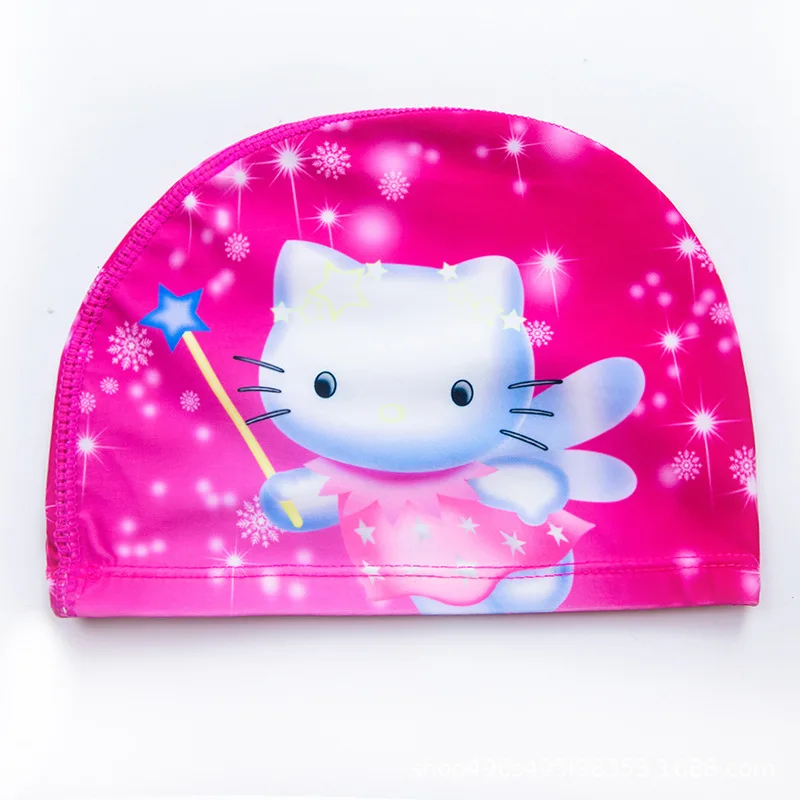 2024 Cartoon Children Swimming Cap for Children HelloKittys Diving Hat Kid High Elastic Waterproof Swimming Hat Swim Pool Cap