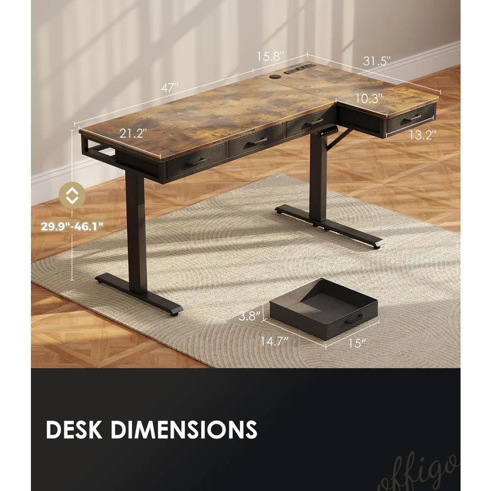 مكتب قائم كهربائي كبير بارتفاع 63 بوصة قابل للتعديل مع أدراج ومنافذ طاقة ووظيفة حامل الجلوس للاستخدام المكتبي