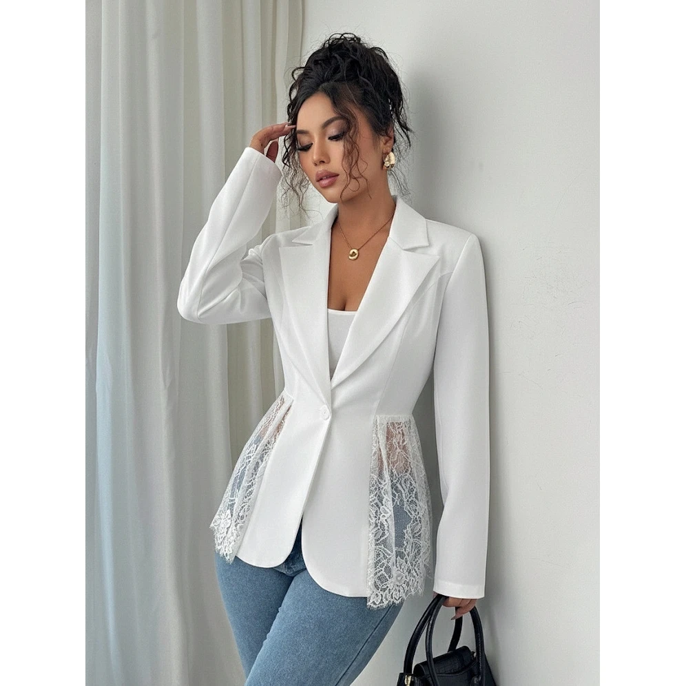 Elegant Style Women's Suit Jacket A-Line Silhouette Lace Waist Color Block Autumn New Arrival Fashion Outerwear