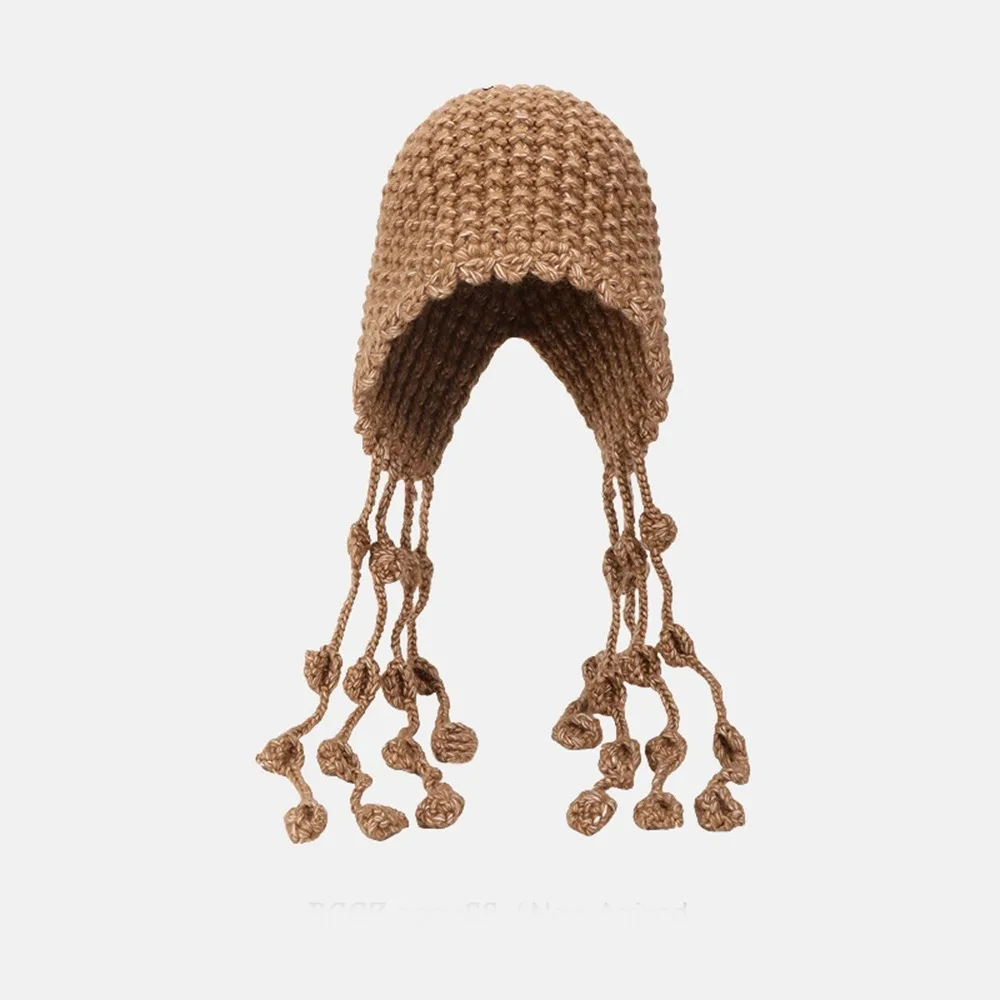 

Vintage Tassels Crochet Knitted Hat Bohemian Style Hollow Out Knit Cap Korean Handmade Tassel Beanies Apparel Accessories