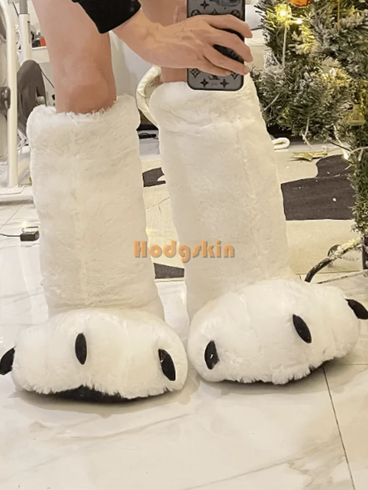 Plush Bear Paw Knee-high Boots Cute Solid Furry Slip-on Indoor Warm Slippers Floor Faux Fur 2024 Women New Winter Cotton Shoes