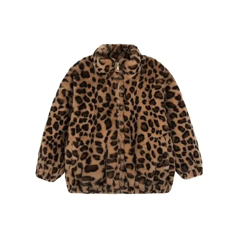 Baby and Girls Leopard Coat Autumn/Winter New Children's Coat with Thick Velvet Warmth Jacket