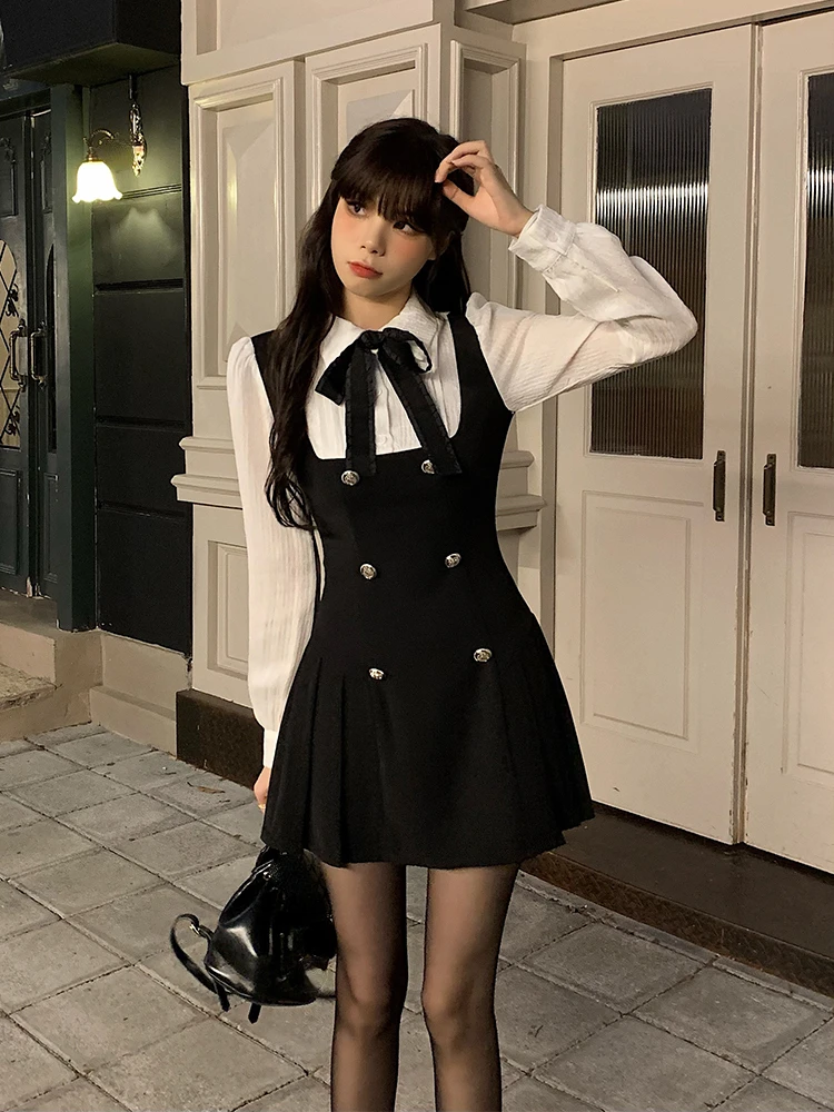 2022 Autumn Fake Two Dress Women Slim Chic Long Sleeve Bow Casual Y2k Mini Dress Female Korean Fashion Elegant Short Party Dress