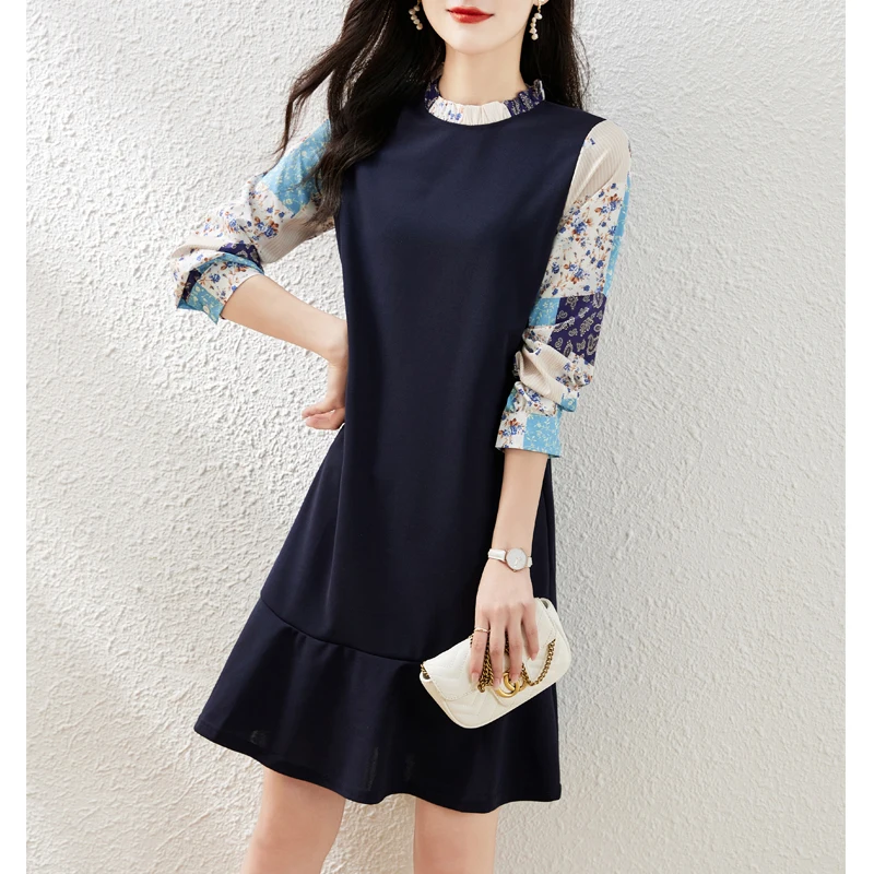 

Elegant Fashion Harajuku Slim Fit Female Clothes Loose Casual All Match A-line Skirt O Neck Patchwork Dresses Fake Two Pieces