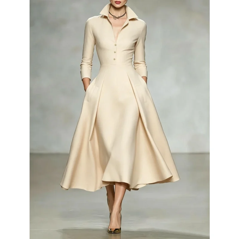 Elegantes Damen-Midikleid mit Hemdkragen, langen Ärmeln, V-Ausschnitt, Knopfleiste vorne, A-Linien-Schnitt, ausgestellter Rock und Taschen – ideal für Büro, Party oder formelle Anlässe. – Detail 3