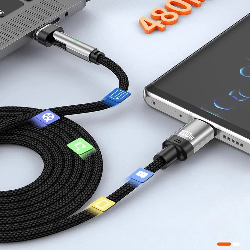 100W Fast Charging Magnetic Suction Data Line for iPhone 15 16 Huawei Xiaomi Samsung Mobile Phone Tablet Rotating Charging Line