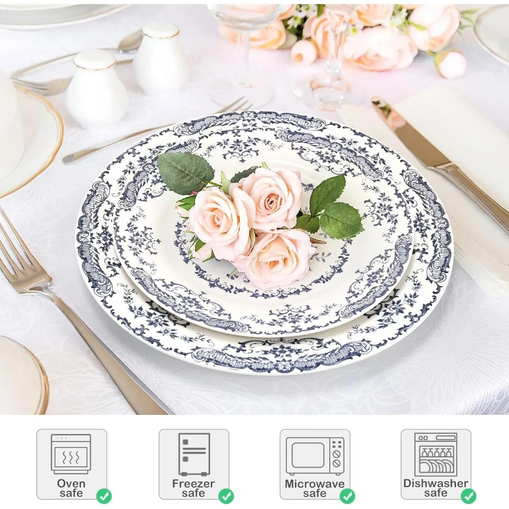 أطباق عشاء، طقم أطباق سيراميك مكون من 6 قطع، أطباق مطبخ آمنة للميكروويف، طبق أبيض للحلوى طبق زهري أزرق بورسلين (ورد أزرق #3