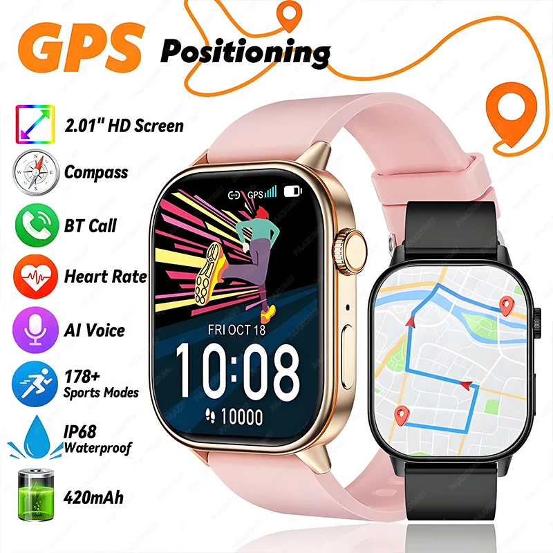 

2025 New GPS Track Smart Watch Men 2.01" HD Screen Bluetooth Call Wristwatch Waterproof Compass Outdoor 420mAh Women Smartwatch