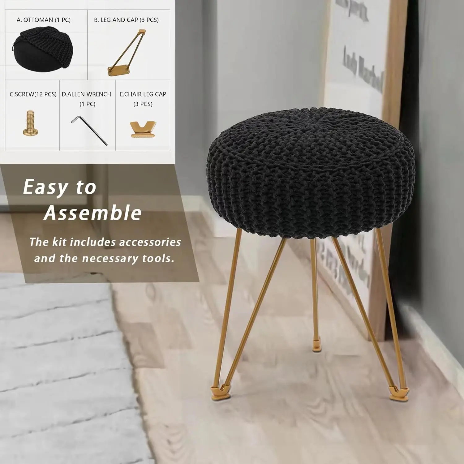 

Round Boho Vanity Stool – Hand-Knitted Pouf Ottoman Foot Rest With Gold Metal Legs, Modern Makeup Seat For Bedroom & Living