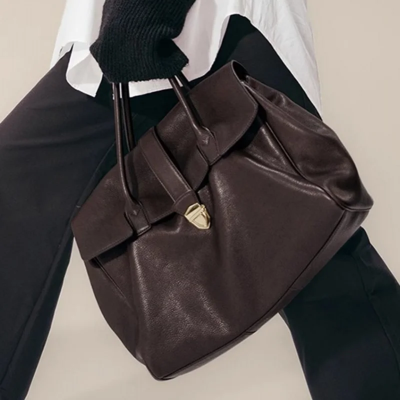 Handbag Briefcase Ladies Leather Retro Large Capacity Commuter Head Layer Vegetable Tanned Cowhide Bags Soft Breathable