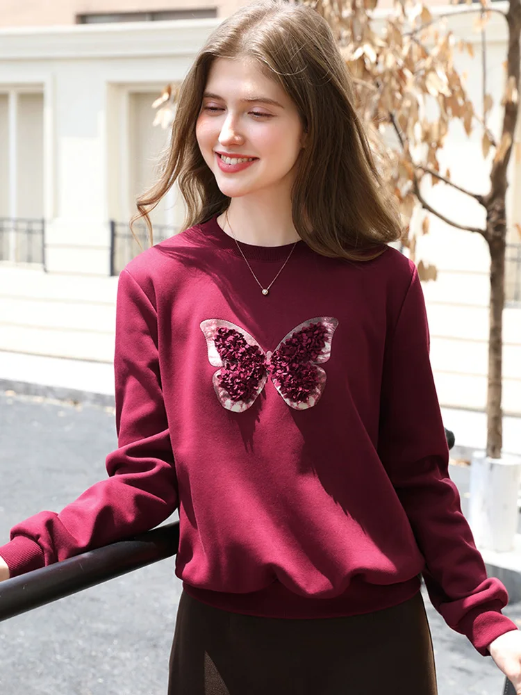 I BELIEVE YOU Rotes Sweatshirt für Damen, 2022, Herbst-Winter-Mode, dreidimensionales Schmetterlings-Fleece-Sweatshirt mit Rundhalsausschnitt, 2254196151