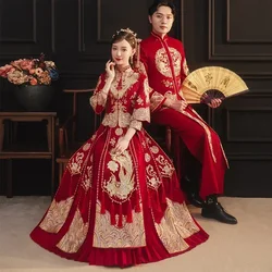 Xiuhe Retro Chinese Wedding Dress Embroidery Traditional Cheongsam Vintage Red Formal Qipao Women Man Oriental Style Plus Size