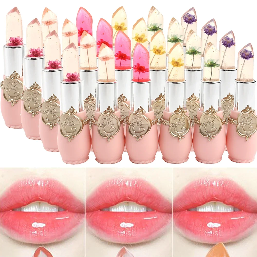 Lápiz labial de gelatina de flores, hidratante con cambio de temperatura, resistente al agua, bálsamo labial nutritivo de larga duración, brillo labial mágico que cambia de Color