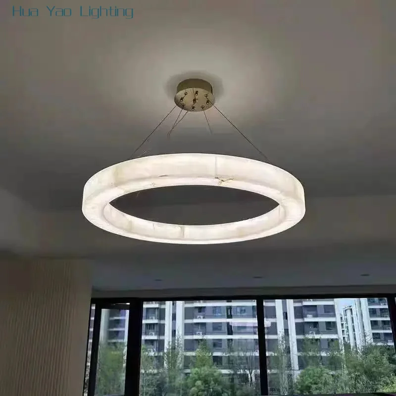 Simple Diameter 80cm Pure Natural Marble Luxury Decorative Pendant Light High-end Brass Metal Material Living Room LED Lighting