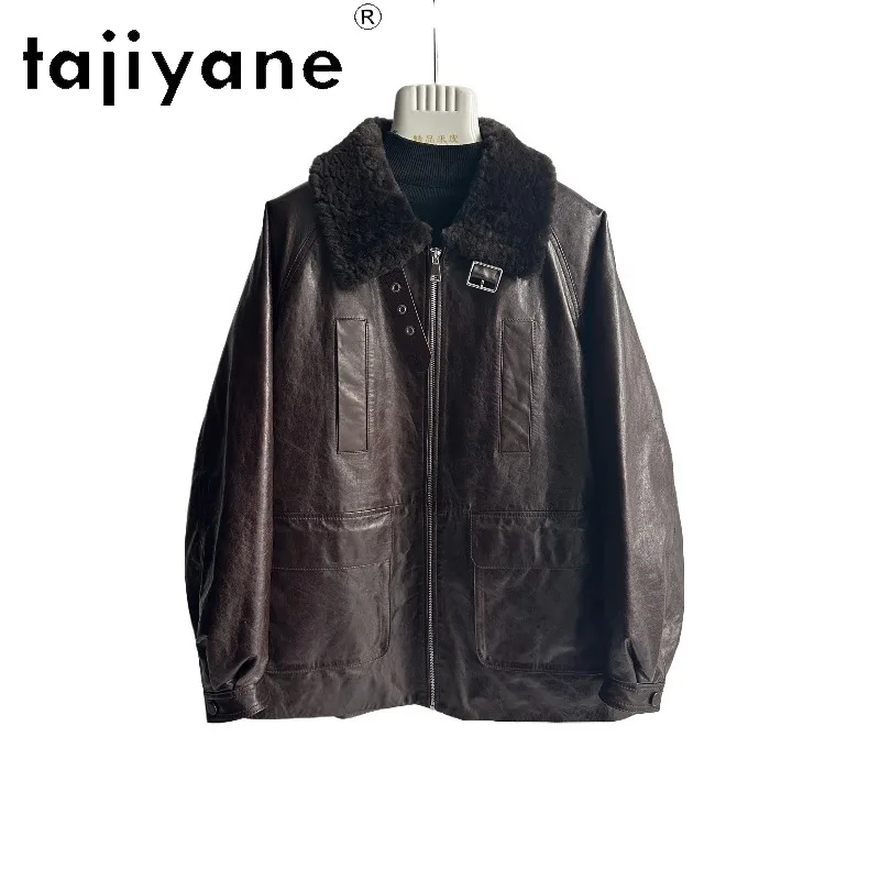TAJIYANE Oil Waxed Sheepskin Genuine Leather Jacket Woman Mid Length Leather Coat Goose Down Jackets for Woman Loose Outerwear