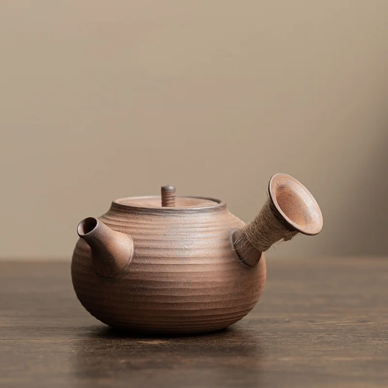 200ML Old Rock Mud Rough Pottery Side Handle Pot, Retro Single Brewing Kettle for Tea Ceremony