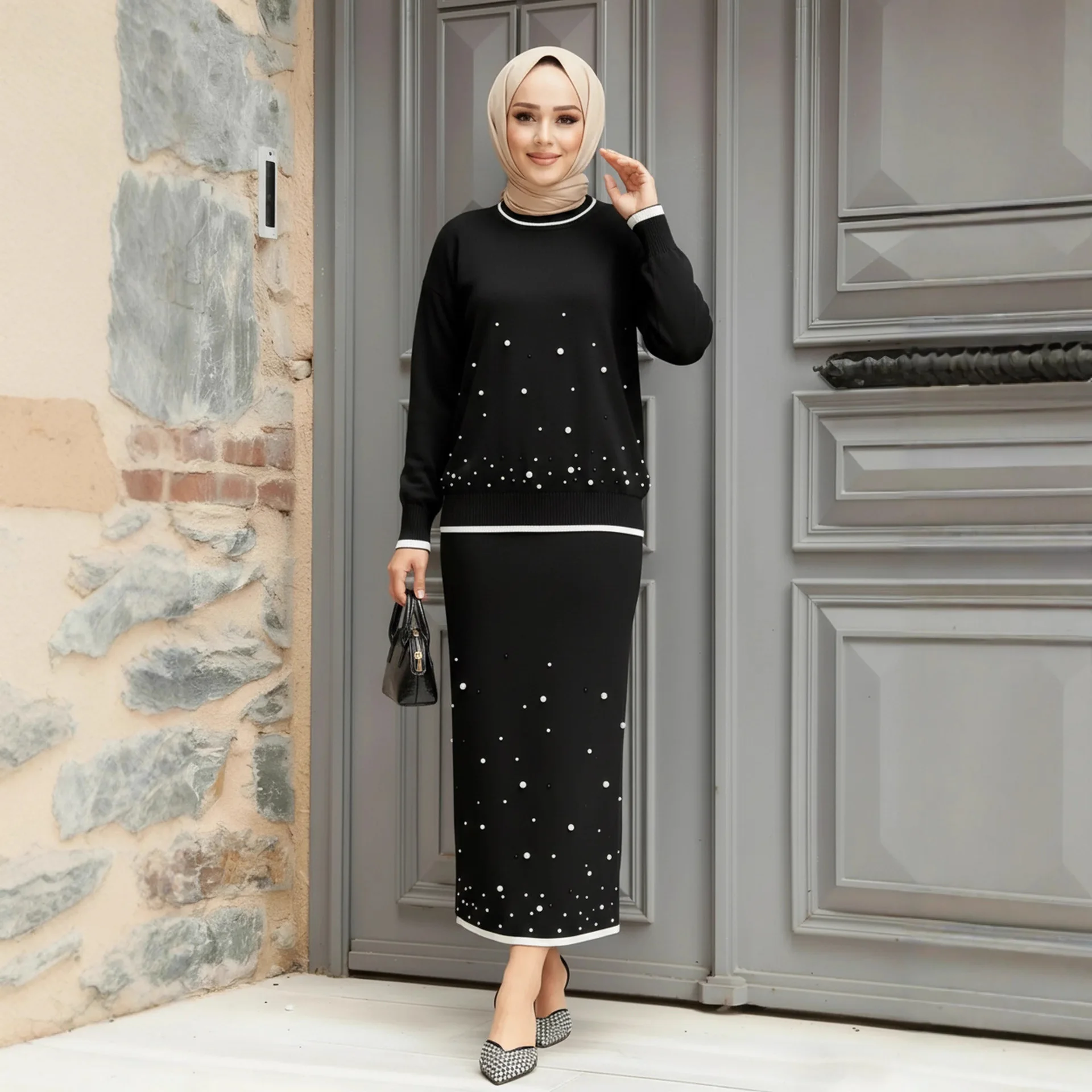 Eid Women 2 Piece Set Beading Blouse Skirt Suits Shirt Muslim Blouse Jalabiya Ramadan Dubai Musulman Ensembles Arab Long 2026 - view 3