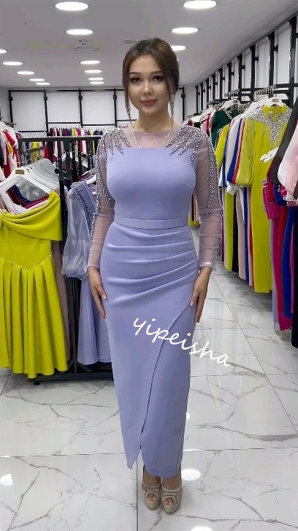 Customized    Jersey Beading Pleat Formal A-line Square Neck Bespoke Occasion Gown Midi es     Dresses