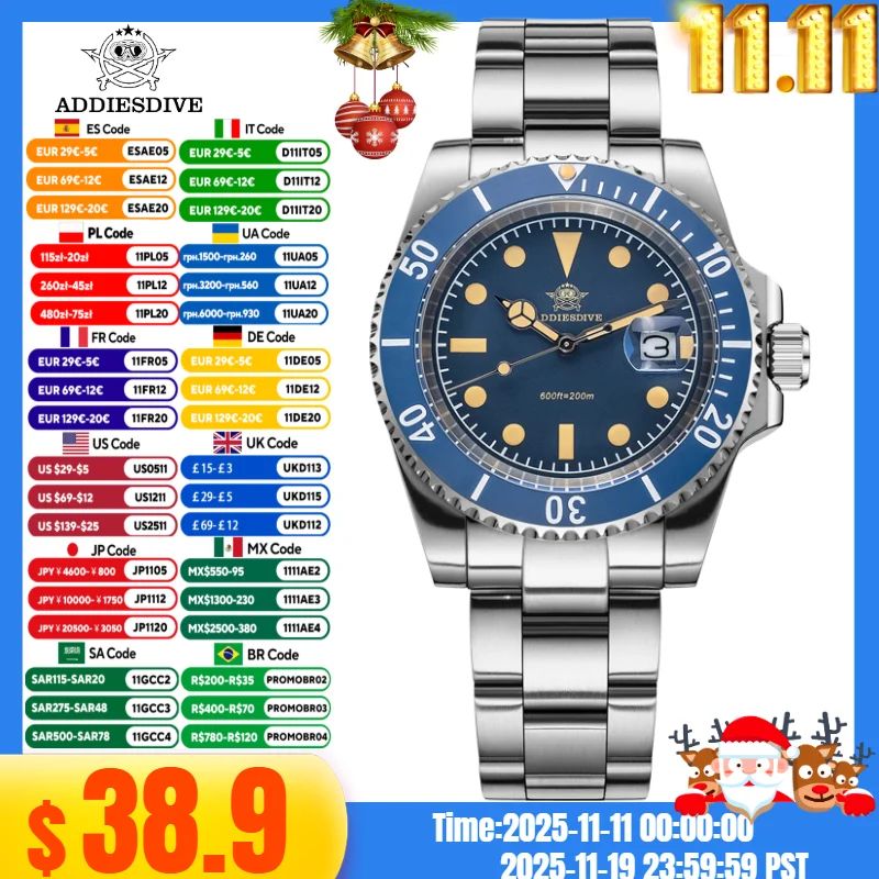 Addiesdive 41 مللي متر AD2054 ساعات رجالية السيراميك الحافة التقويم نافذة 20Bar الغوص الأخضر مضيئة الأعمال فستان ساعات كوارتز #1