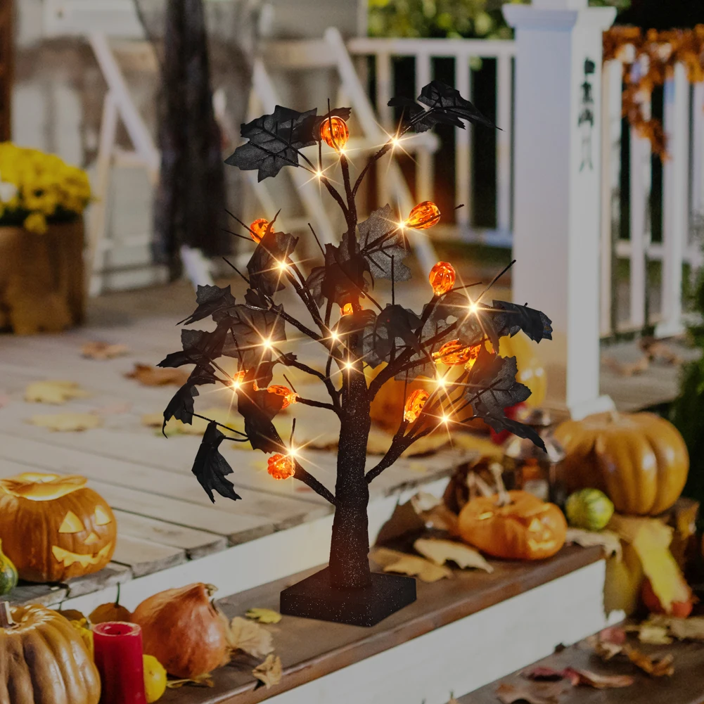 24 LED برتقالي مضاء للهالوين شجرة البتولا الاصطناعية الخفيفة DIY فروع سوداء أضواء الطاولة هالوين مخيف