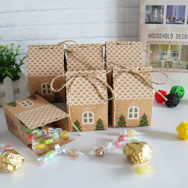 Cajas de regalo de dulces de papel Kraft de Navidad con cuerda, bolsa de papel de regalo para galletas, bolsas de recuerdo de fiesta de casa de dibujos animados, suministros de decoración para fiesta de Navidad