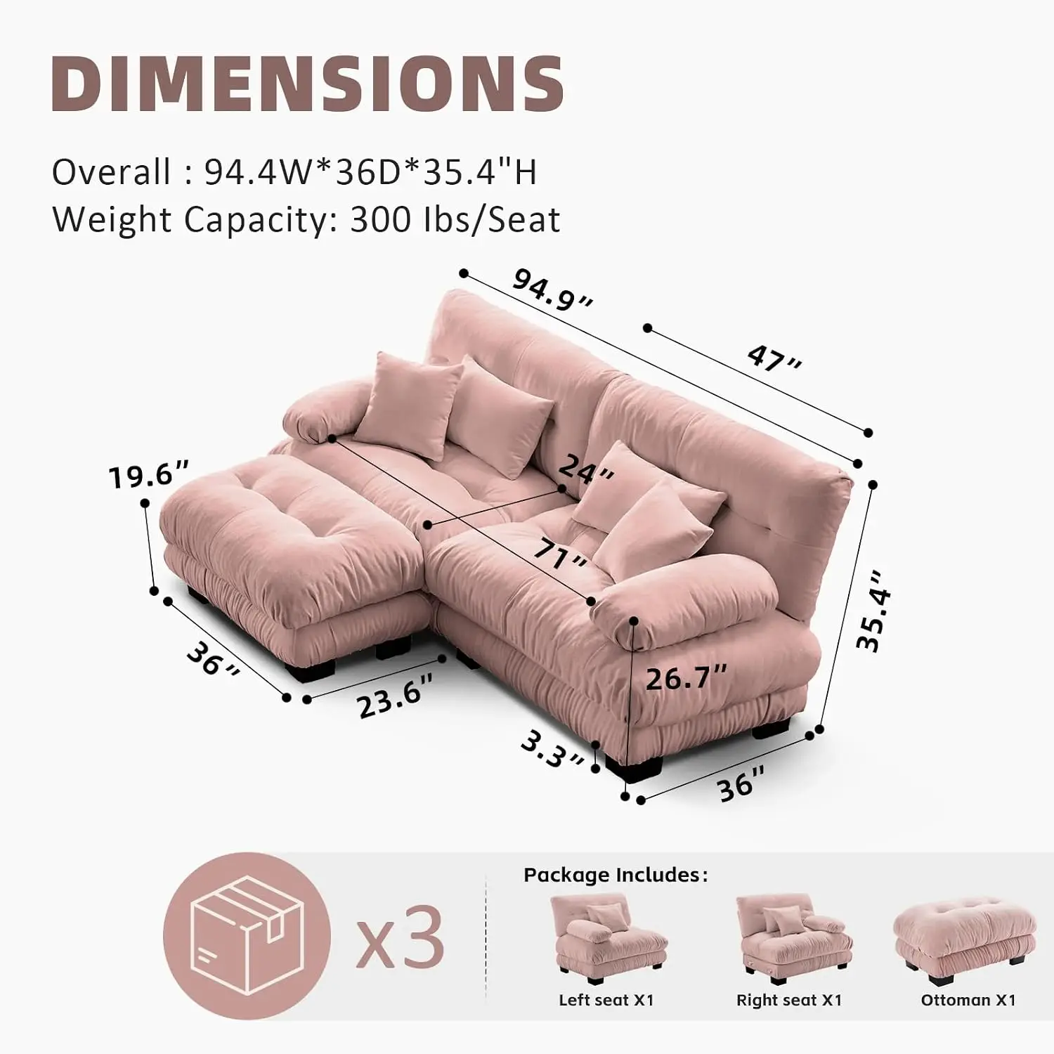L-Shaped Modular Sectional Sofa W/ Ottoman, Pink, Customized