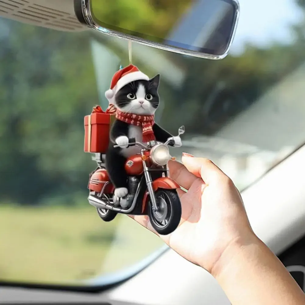 Christmas Motorcycle Cat Acrylic Pendant Hanging Decoration Xmas Tree Car 2D Flat Riding Kitten Ornament Cartoon Animal Decor