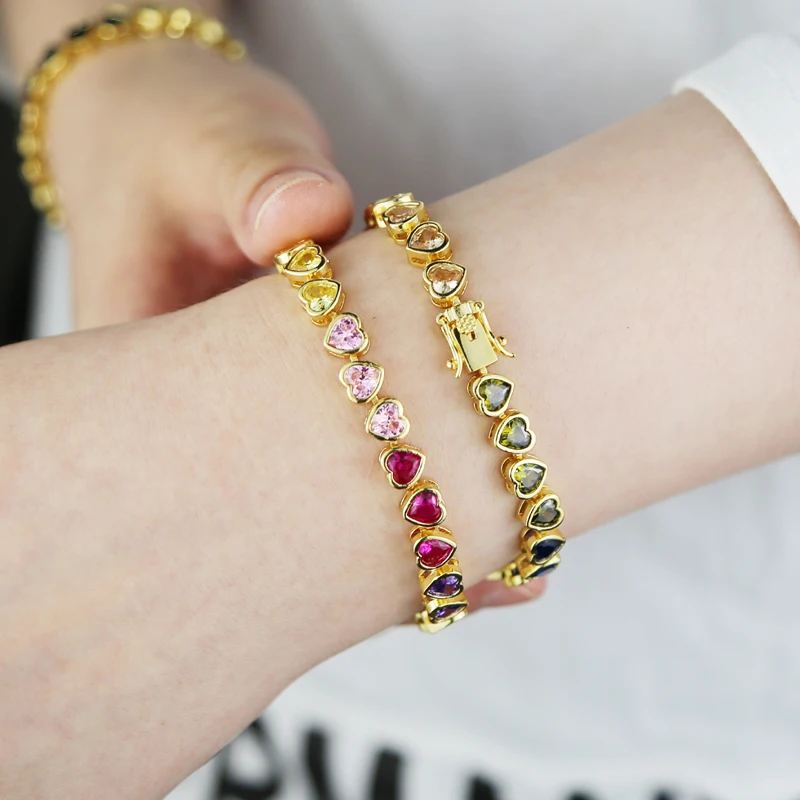 New Arrived Gradual Rainbow Colorful Jewelry Set Gold Color Bezel Heart Shaped CZ Tennis Chain Bracelet Necklace For Women