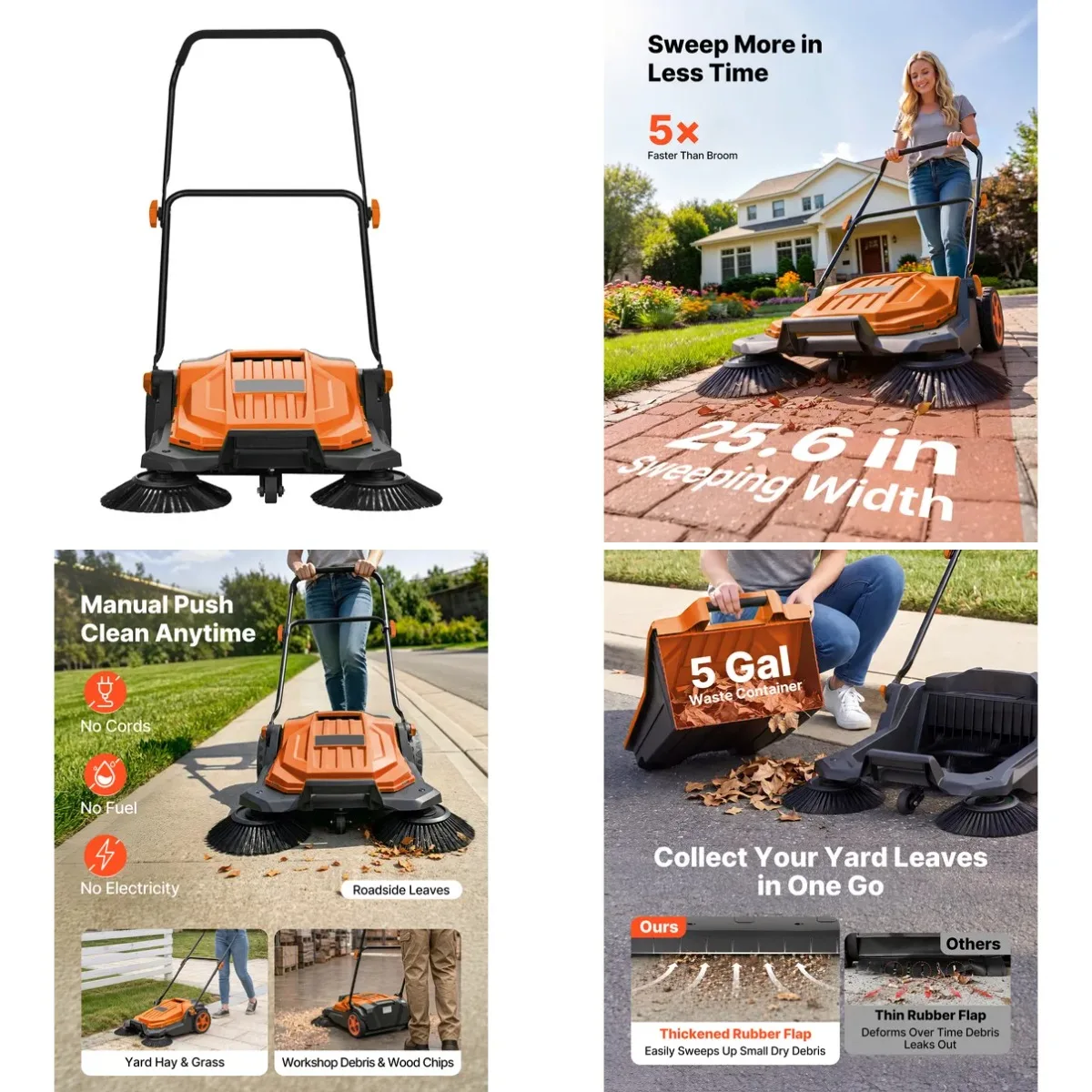Walk-Behind Hand Push Floor Sweeper, Manual Floor Sweeper Non-Electric with 25.6' Sweeping Width, 5 Gallons Waste Container & Ad