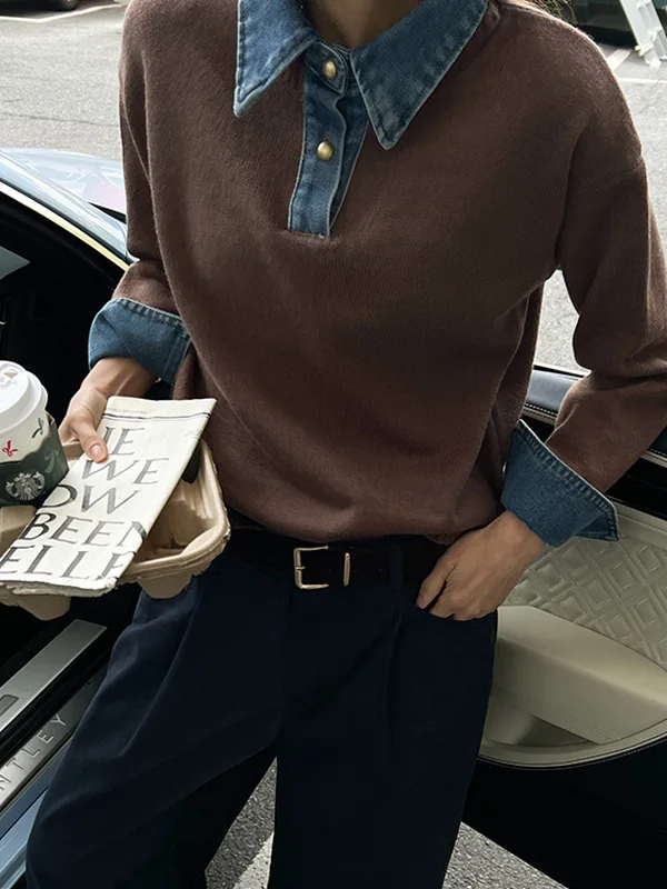 Lente nieuwe collectie losse dames gebreide trui denim patchwork nep tweedelige kraag faionable veelzijdig ontwerp