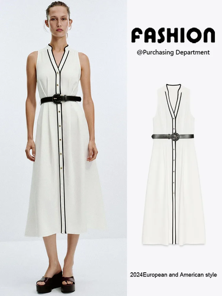 

New Arrival Autumn Women's Midi Dr Svel Slimming Belt Color Blo Trim ZA2025 Faionable Ethnic Sle Stage Costume
