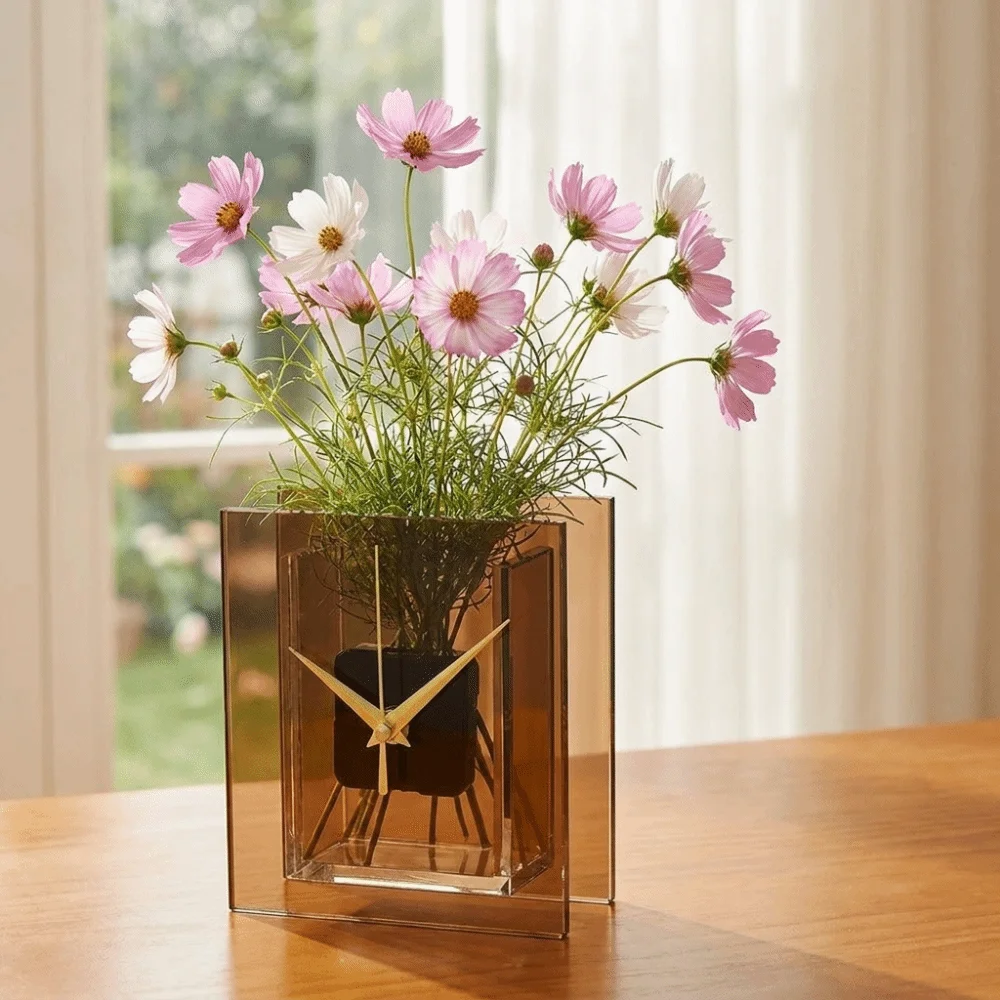 Modern Flower-Insertable Clock Minimalist Unique Crystal Glass Clock Quiet Nordic Style Square Table Clock Living Room