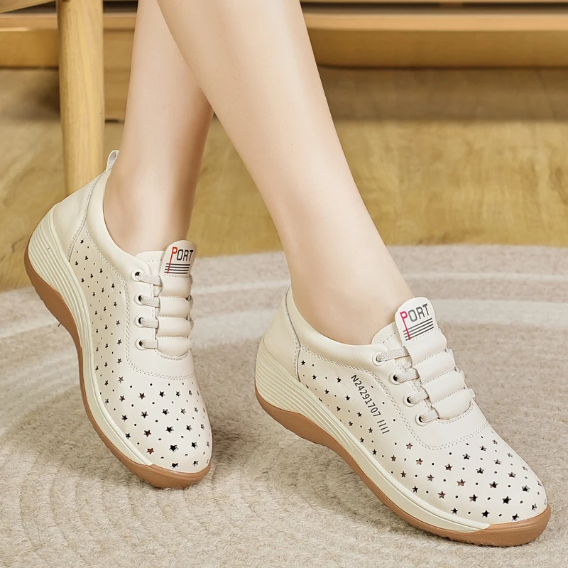 

Women's Star Perforated Wedge Sneakers - Breathable Lace-Up Casual Walking Shoes