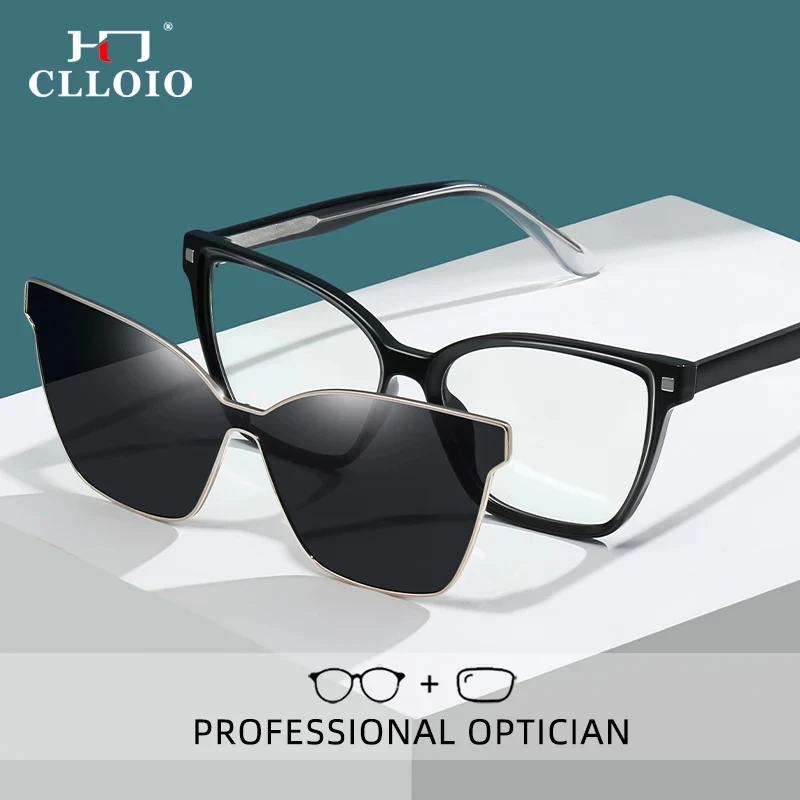 CLLOIO New Style Magnet Clip On Optical Myopia Glasses Men Women Driving Polarized Sunglasses With Prescription Reading Glasses