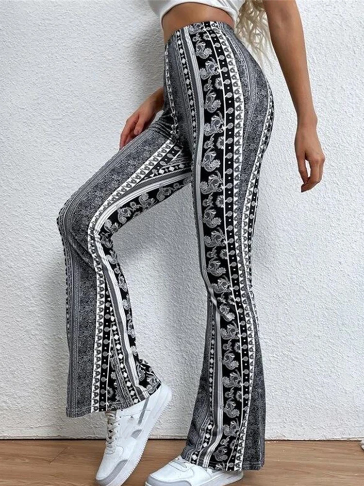 Pantaloni da Yoga stampati floreali a vita alta pantaloni Casual a gamba larga elasticizzati stile Boho svasati di nuova moda